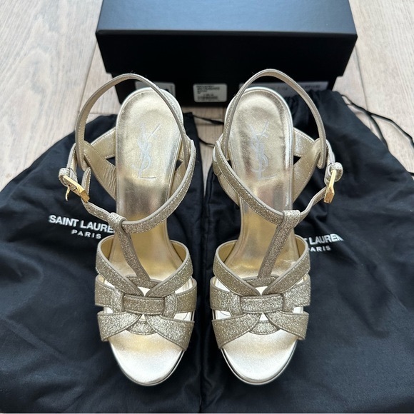 Saint Laurent Tribute Platform Stiletto Sandals: Metallic Gold Glitter Leather - Picture 14 of 16